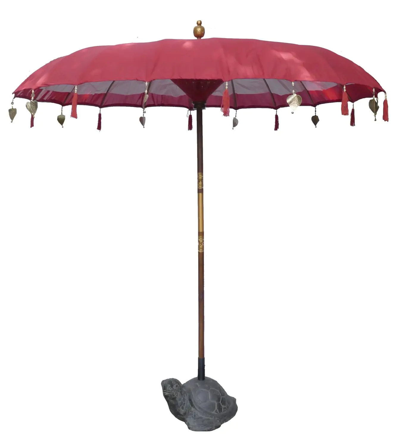  Product image 1 of the product “Bali umbrella , red with wooden coins and gold leaves hanging around the edge. Approx. 230cm dia. and 250cm height ”